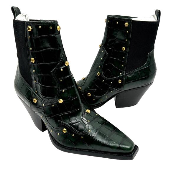 NEW Vince Camuto Norley Dark Green Crocodile Leather Gold Studded Ankle Booties - Picture 2 of 10